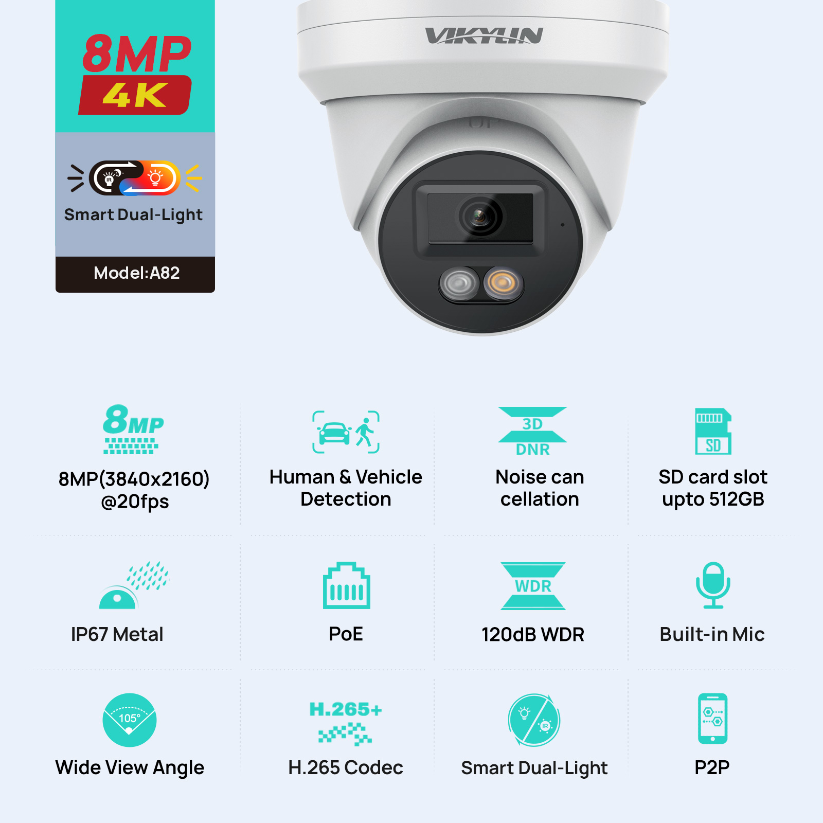 Outdoor Power G Motion - Caméra de sécurité IP VIKYLIN 8MP