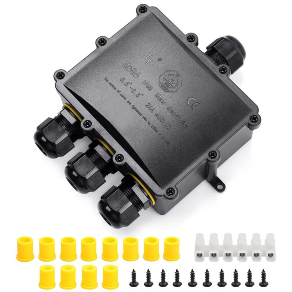 Outdoor Power Cable Junction Box - 4 voies 1In3Out IP68 étanche 4-14mm